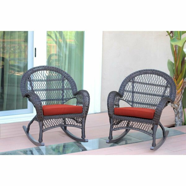 Jeco W00208-R-2-FS018-CS Espresso Wicker Rocker Chair with Red Cushion, 2PK W00208-R_2-FS018-CS